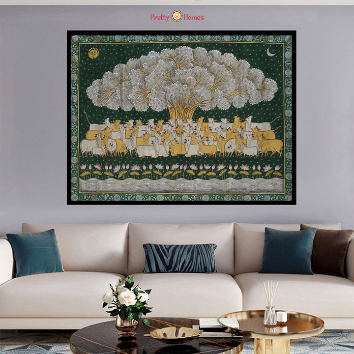 Hand-painted vintage pichwai with cows and Kalpvruksha, pichwai painting motifs.