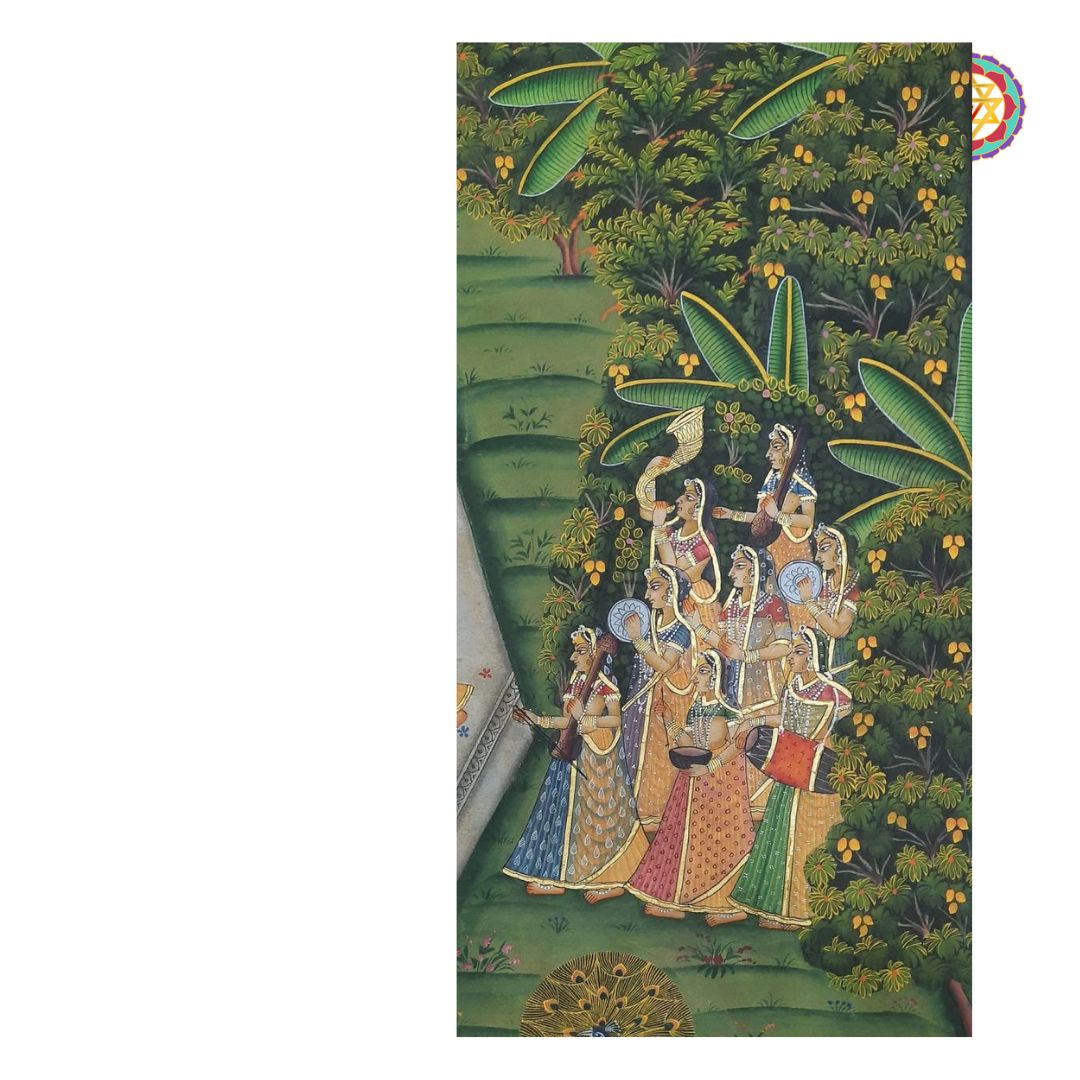 angled view of raas leela pichwai painting showing circular dance composition