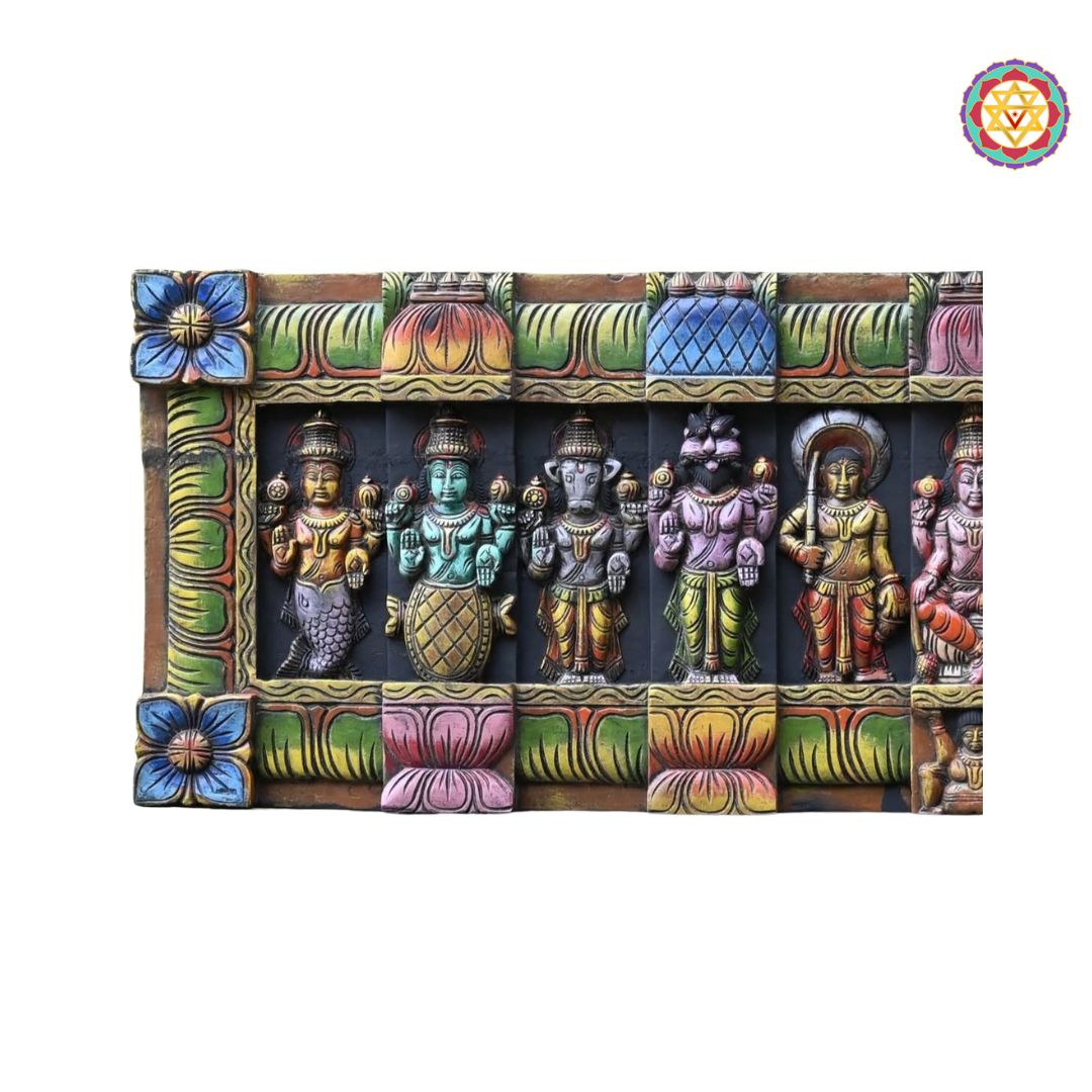 Close-up of handcrafted wooden panel with multicolour Dashavatara art
