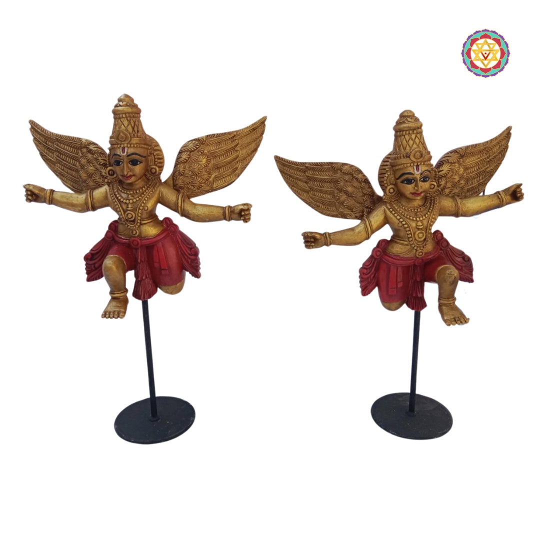 Front view of Gandharva angel wooden statue on base — detailed wings and serene facial expression, antique polish finish
