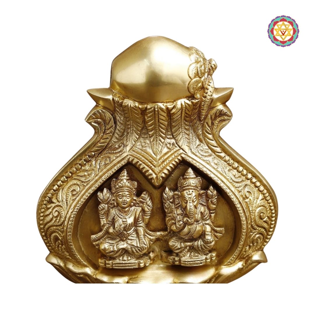 Brass Lakshmi Ganesh Engraved in Kalash – 9 Inch, Inviting Prosperity and Fortune with Fine Golden Finish