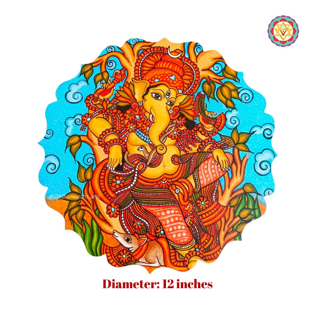 Intricate Pattachitra art depicting Ganesha on floral shaped plate