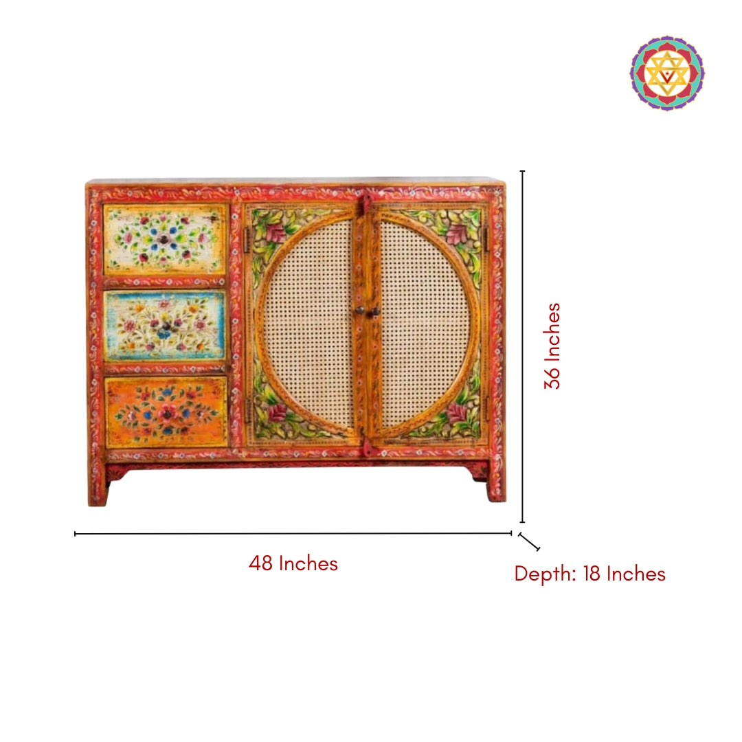 Hand-painted Wooden Sideboard/cabinet with Rattan work.