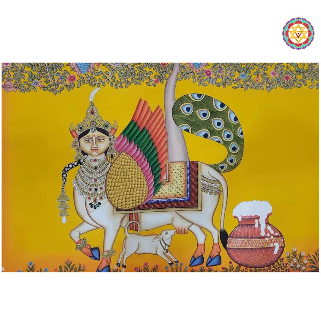 tree of life background with kamdhenu in traditional pichwai style