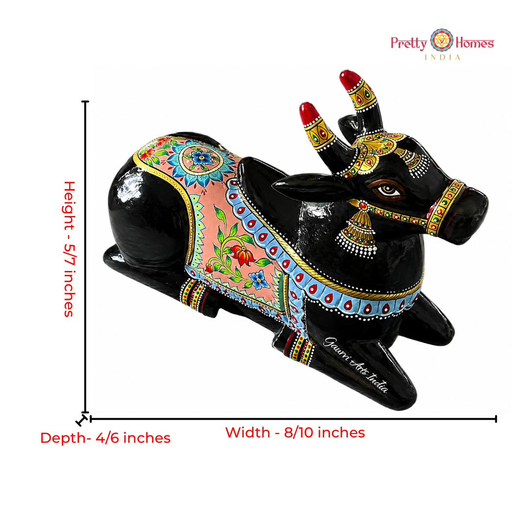 Handpainted Wooden Black Nandi with Floral Motifs
