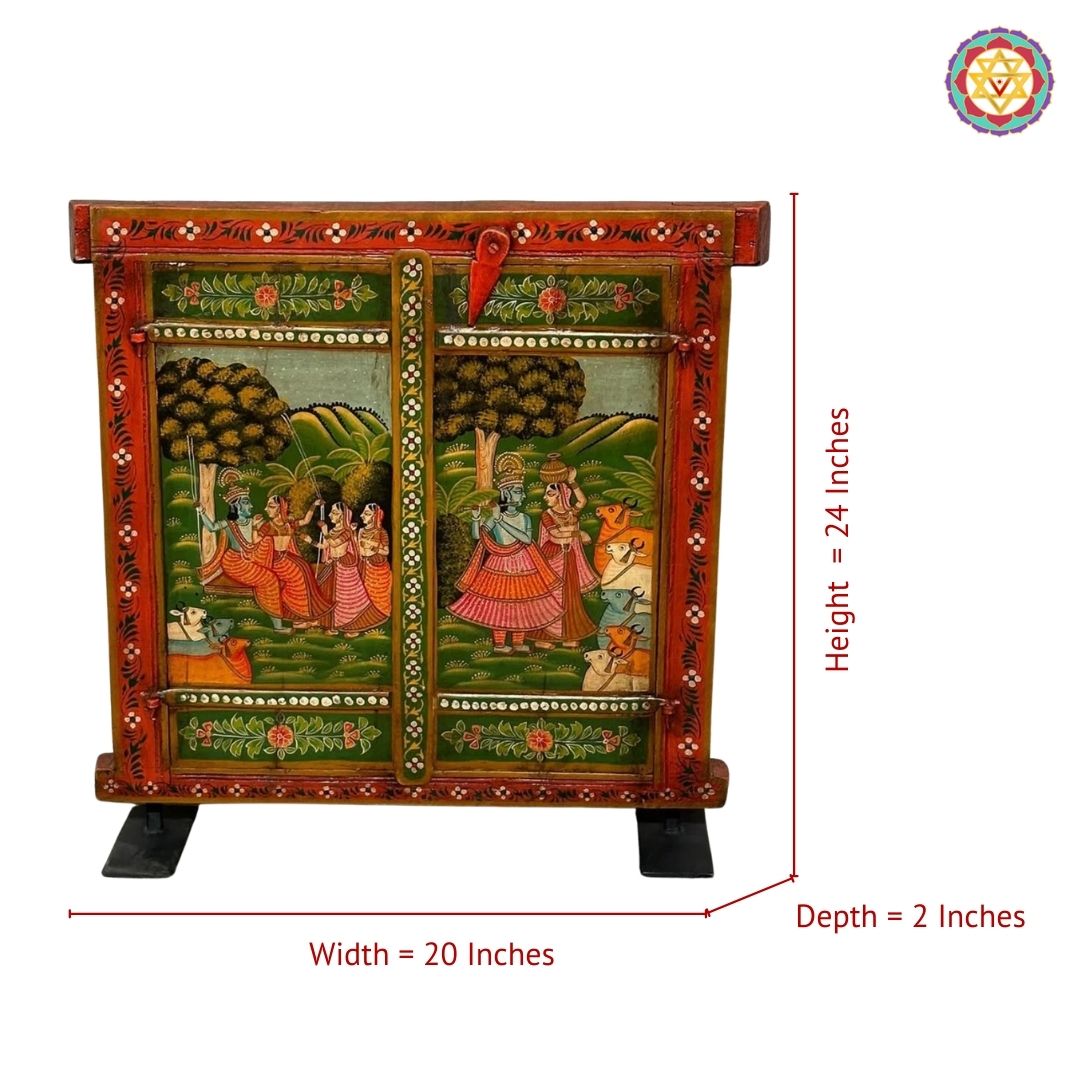 Back and mounting view of Pichwai inspired wooden panel showing hanging hardware