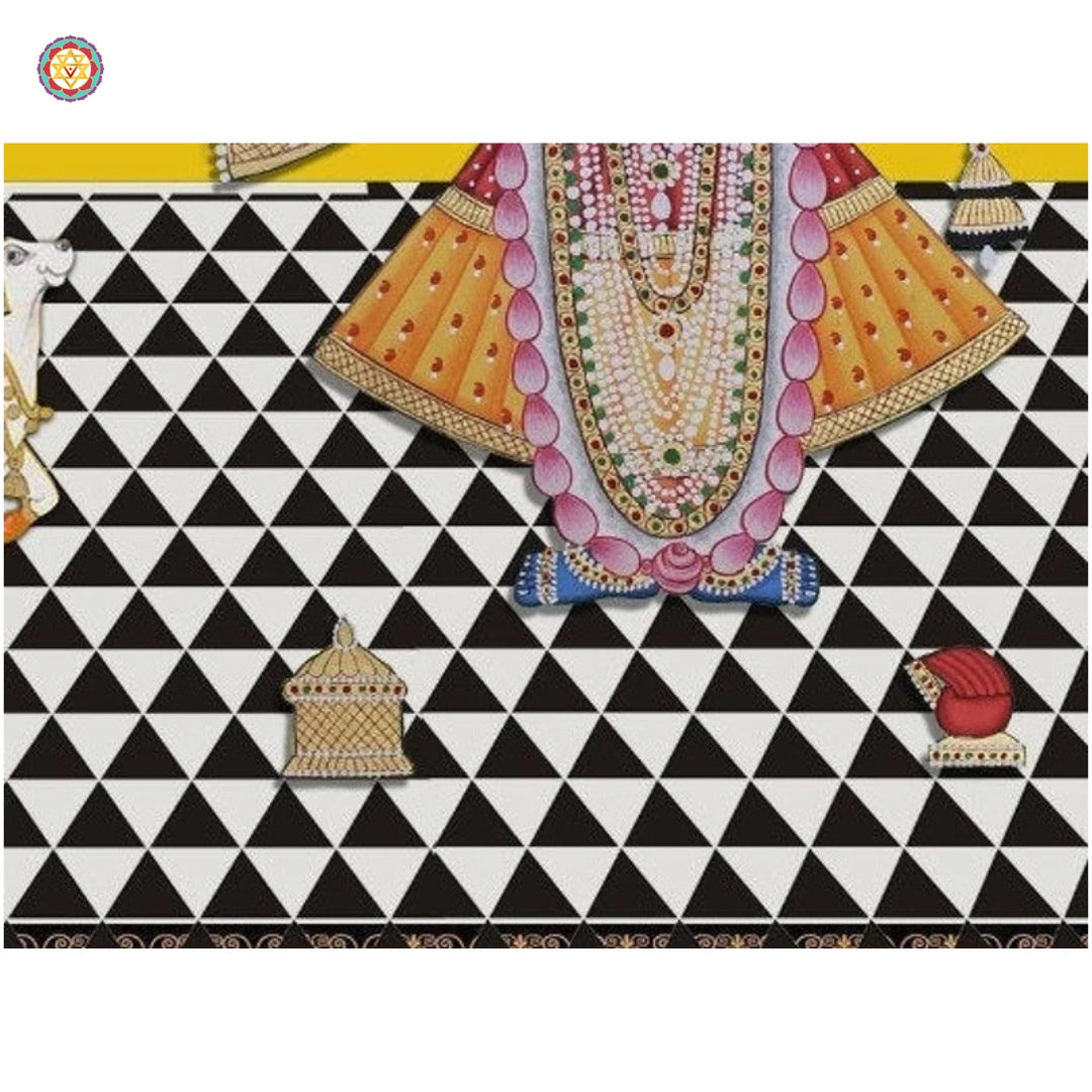 Angled view of Shrinathji painting — gold and natural pigments on fabric, inspired by traditional temple Pichwai