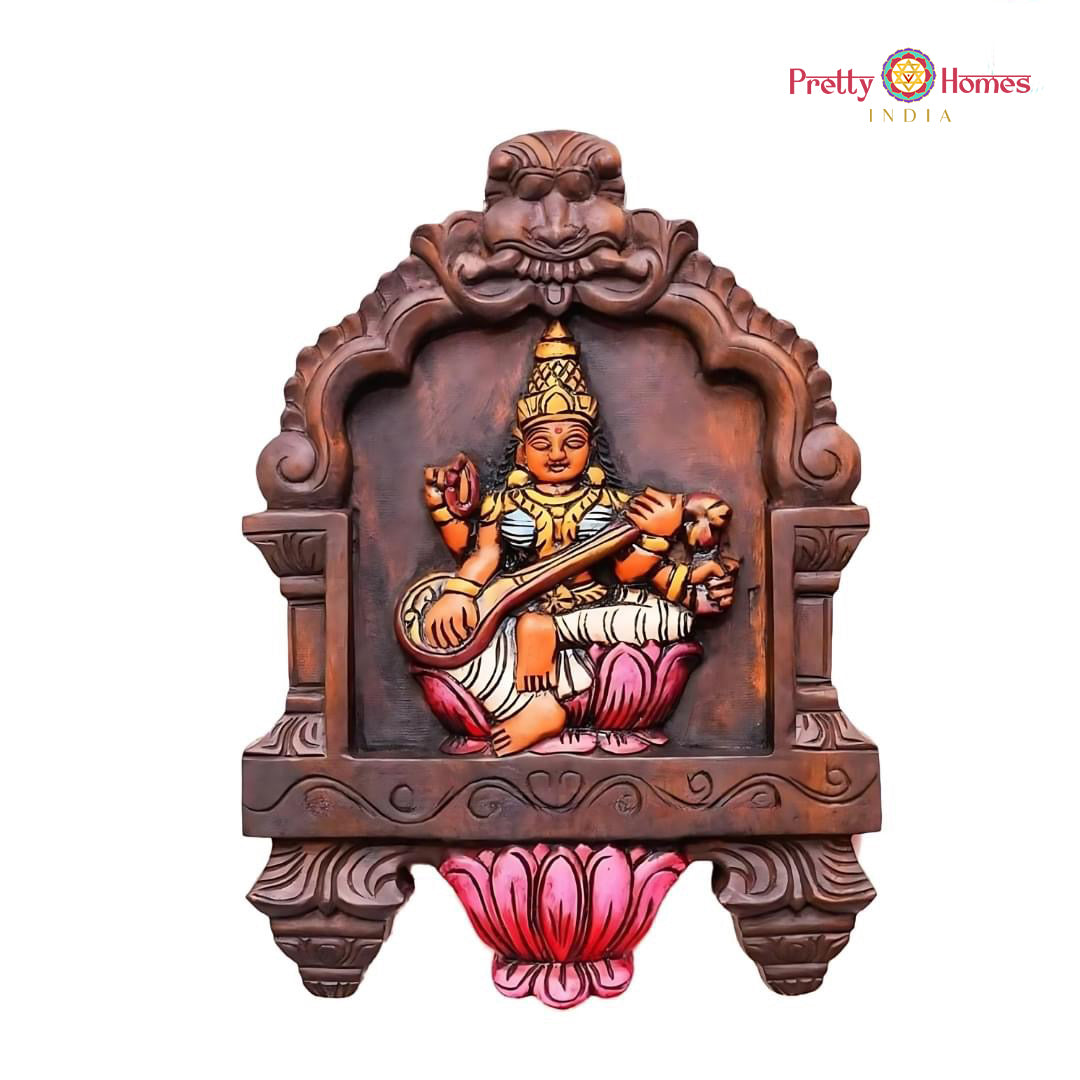 Woodcarved - Laxmi Wall Hanging Panel With Lotus Carvings.