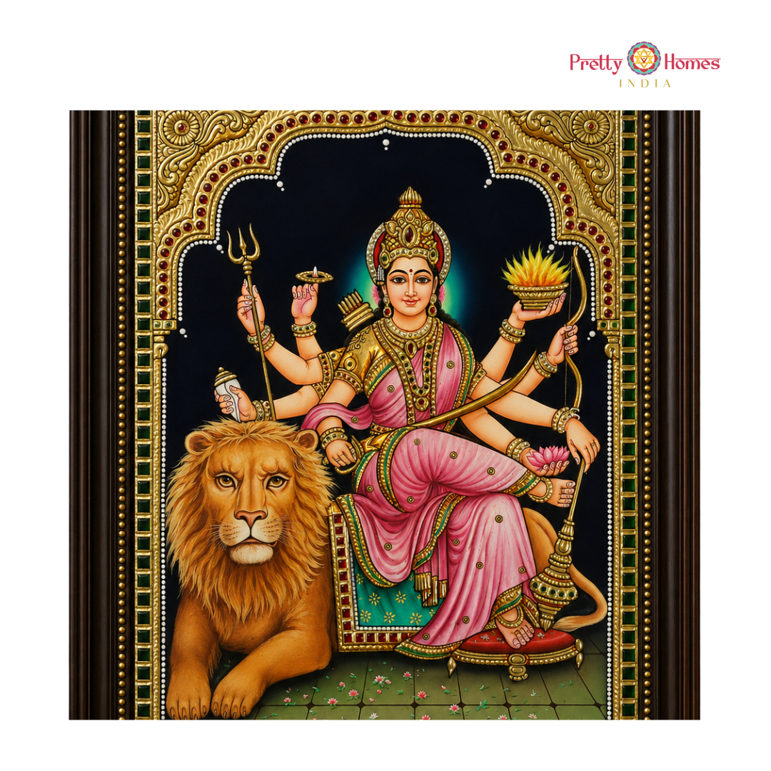 Aesthetic Finish Goddess Durga / Sherawali Tanjore in Real Gold