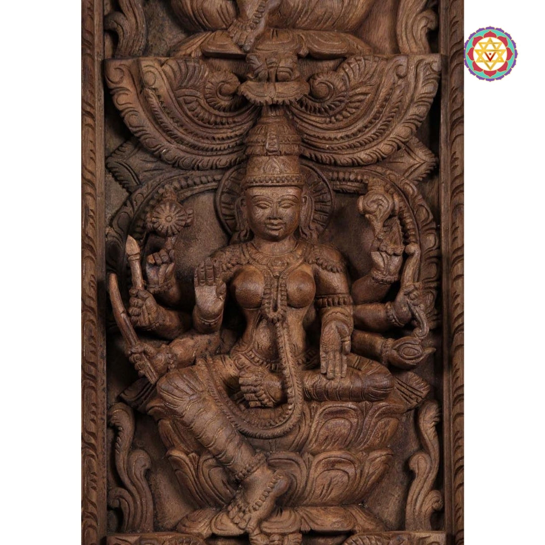 Close-up of multicolour Ashtalakshmi wooden panel details.