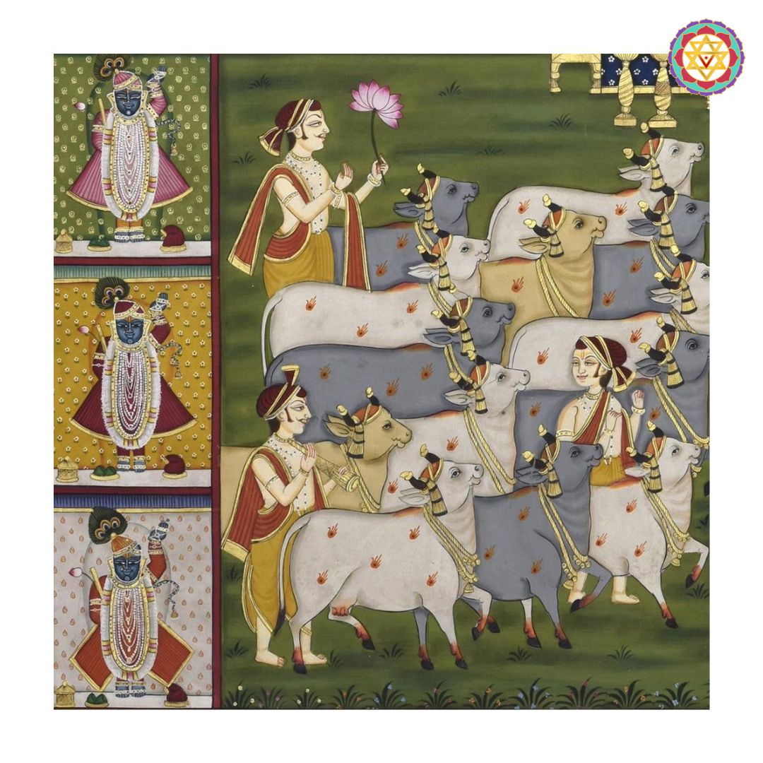 large traditional handpainted pichwai sharad scene with intricate border floral and architectural detailing captured in close view