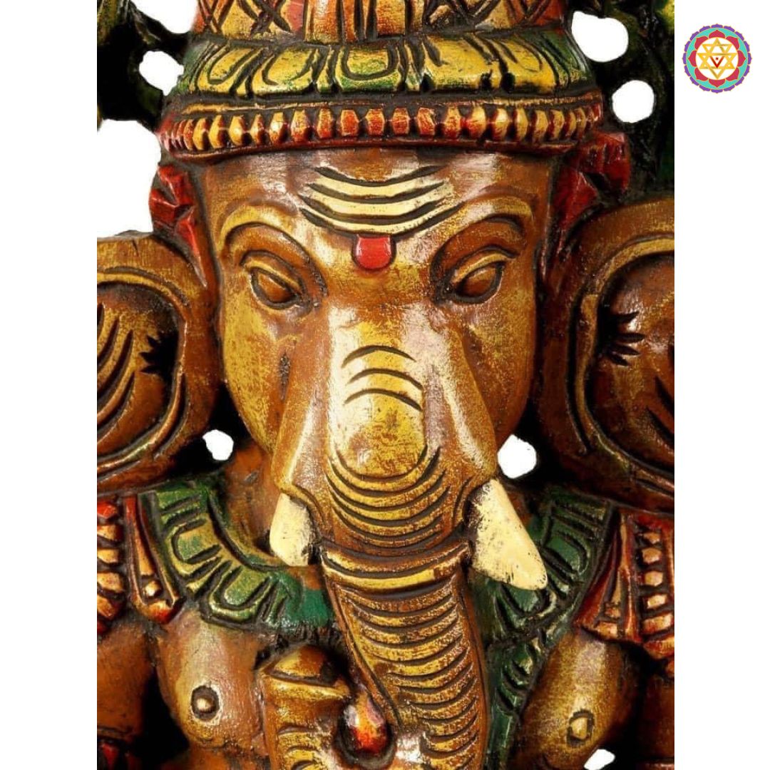Woodcarved Canopy Lord Seated Lotus Ganesha Enshrining Prabhavali.