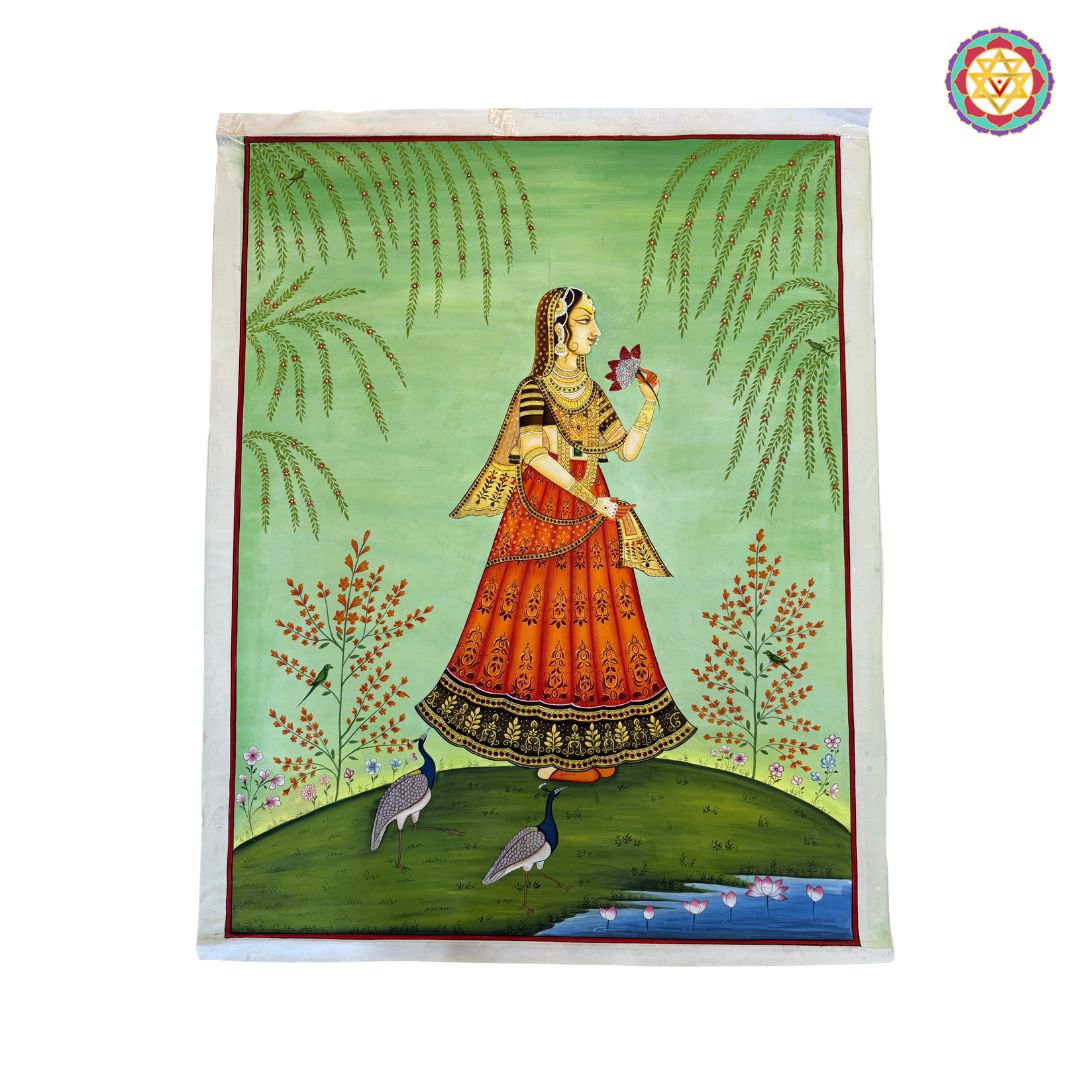 Royal Princess with Lotus – Rajasthani Miniature hand Painting