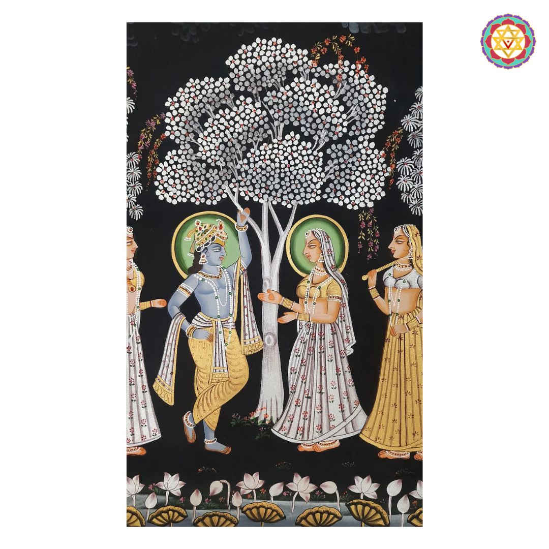 Horizontal Handpainted Pichwai – Radha Krishna with Gopikas Under Moonlight