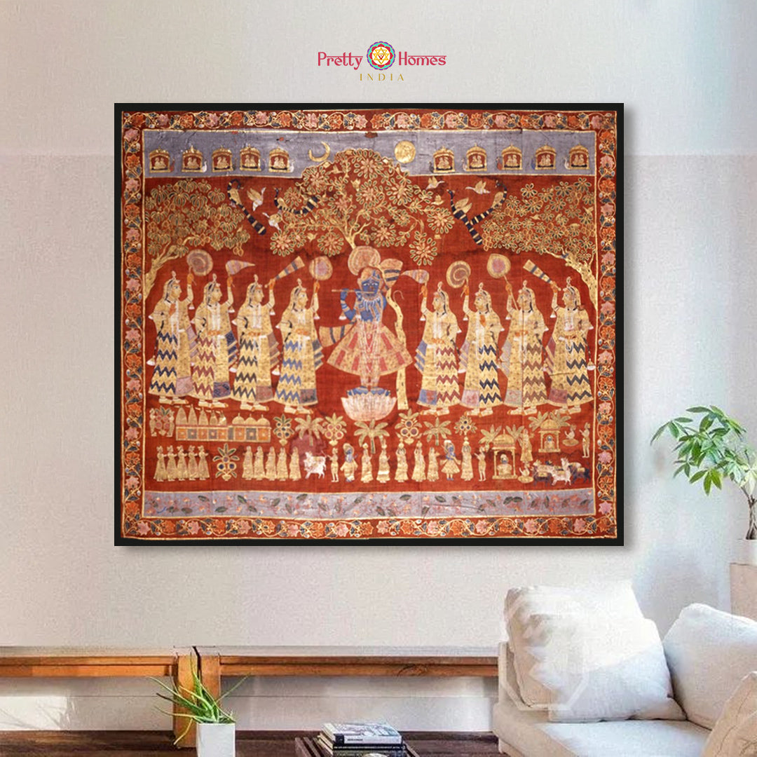 Vintage Shrinathji Pichwai painting full view showing Shrinathji with gopikas and ornate borders