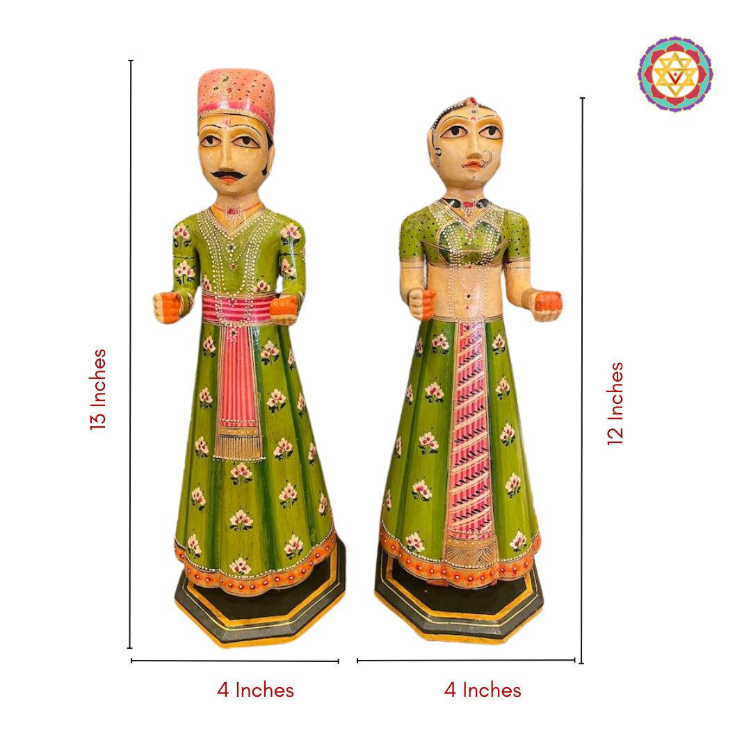 Pair Of wooden Painted Isar Gangaur dolls.Handpainted traditional style decorative dolls.
