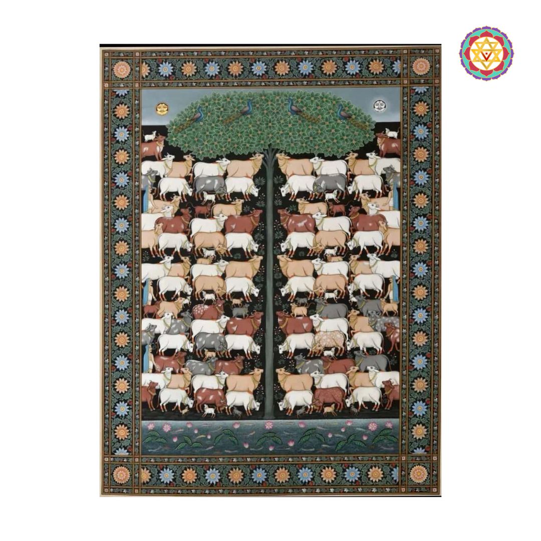 hand-painted vintage-style pichwai depicting cows resting under a sacred tree, natural pigments on cloth