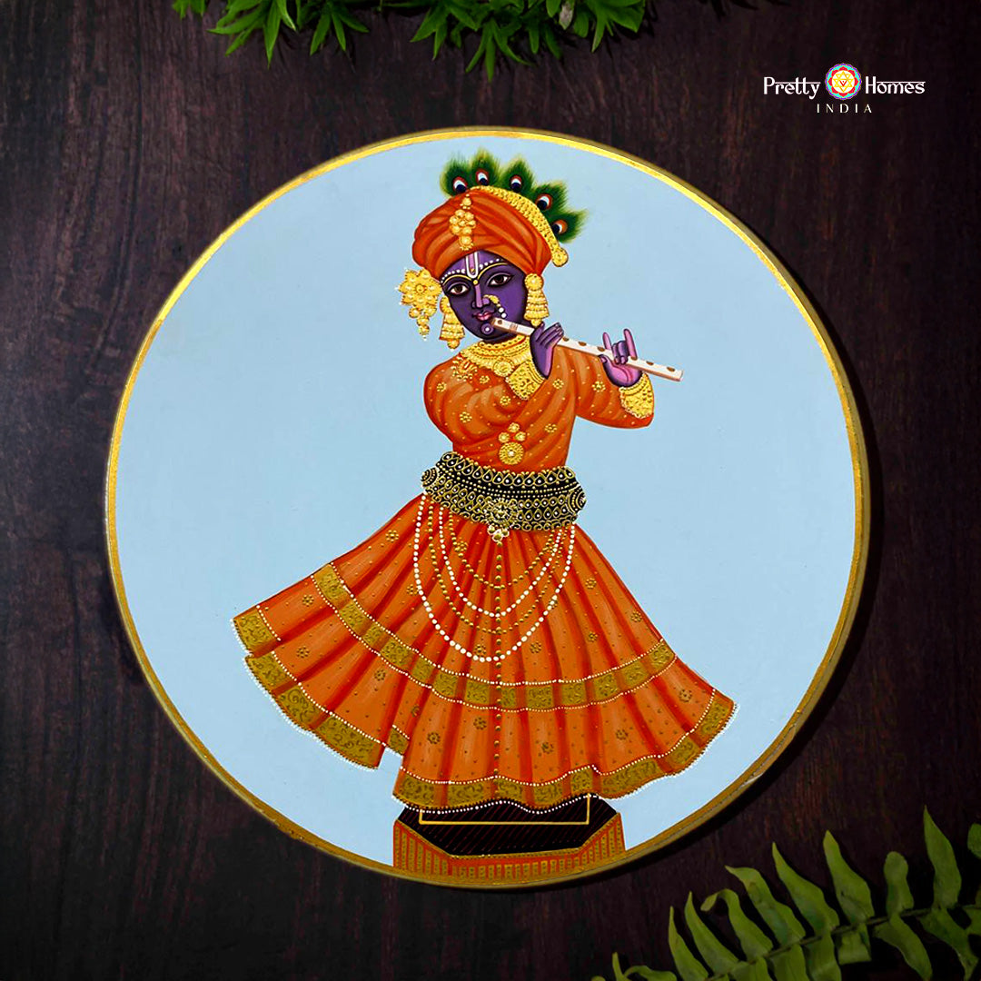 Krishna with flute pichwai wall plate in soft traditional tones