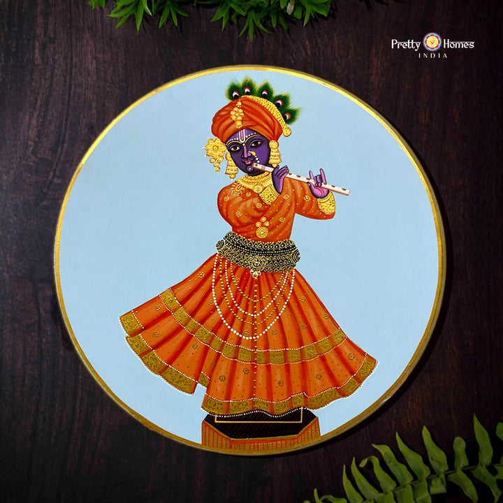 Pichwai -handpainted wall plate -Krishna with flute bake bihari swaroop