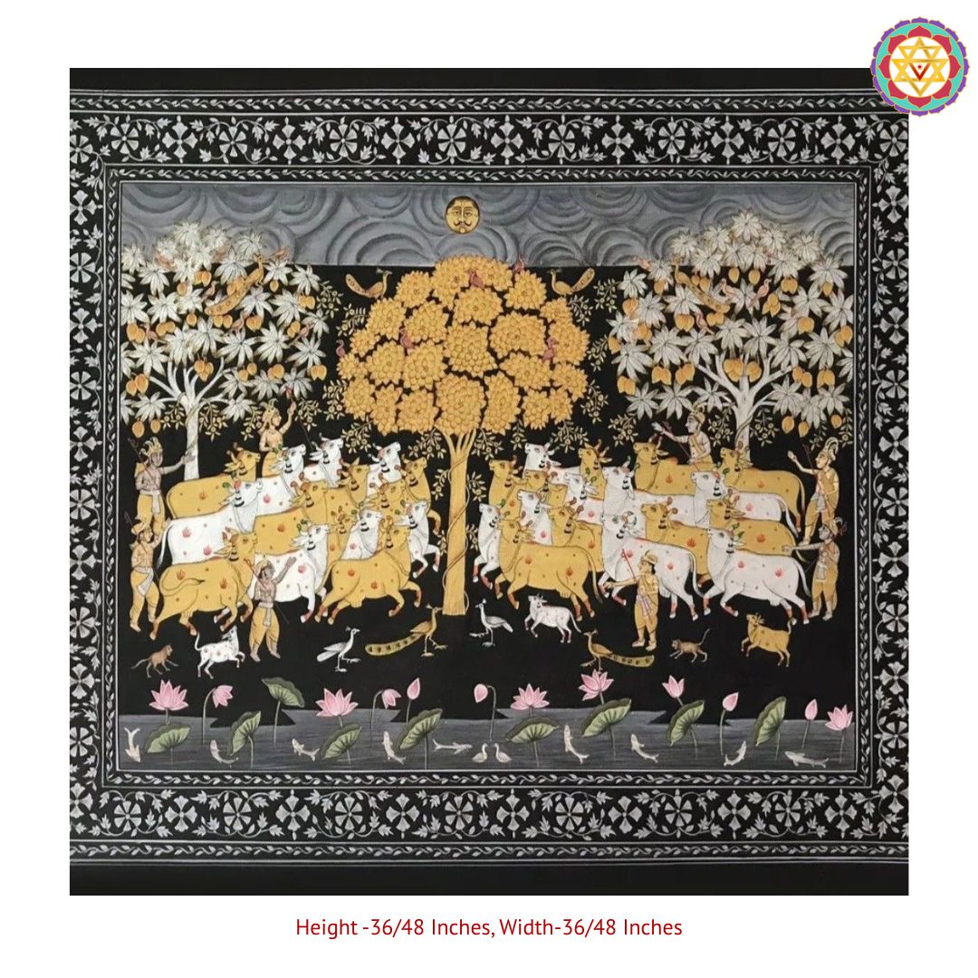 handpainted horizontal pichwai shrinathji darshan with golden trees full-view with golden tree motifs framing the darshan composition