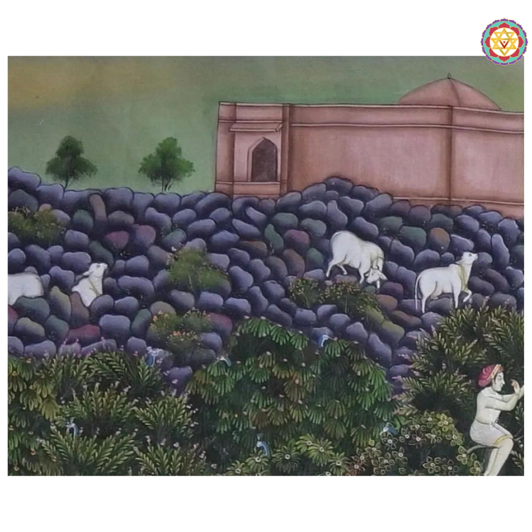 Scenic backdrop with lotus-filled water and hills in Daan Leela Pichwai artwork.