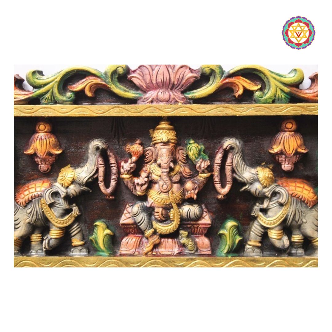 gajaganesh wooden panel close up highlighting divine elephant headed carving