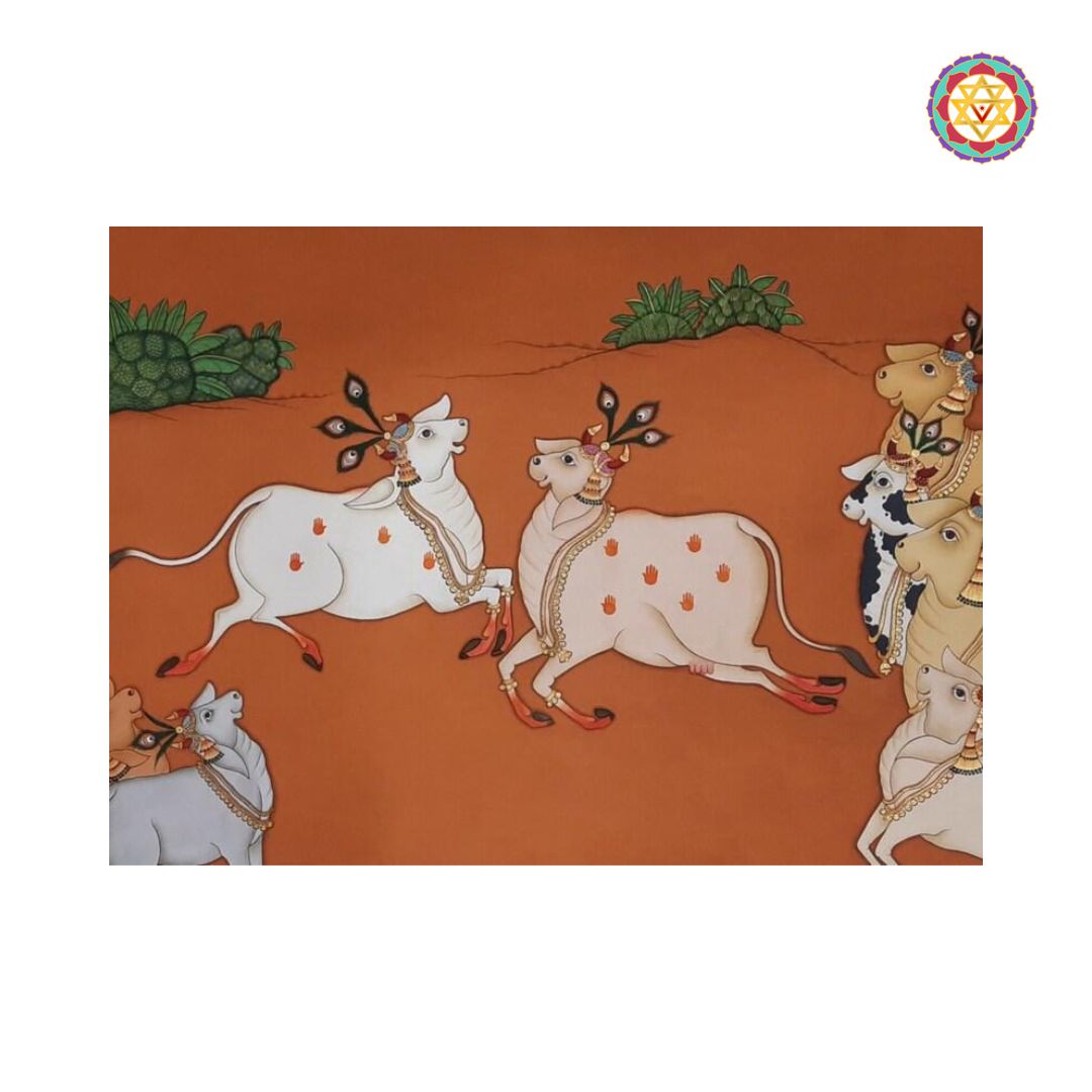 Detail view of cows in vintage style pichwai.
