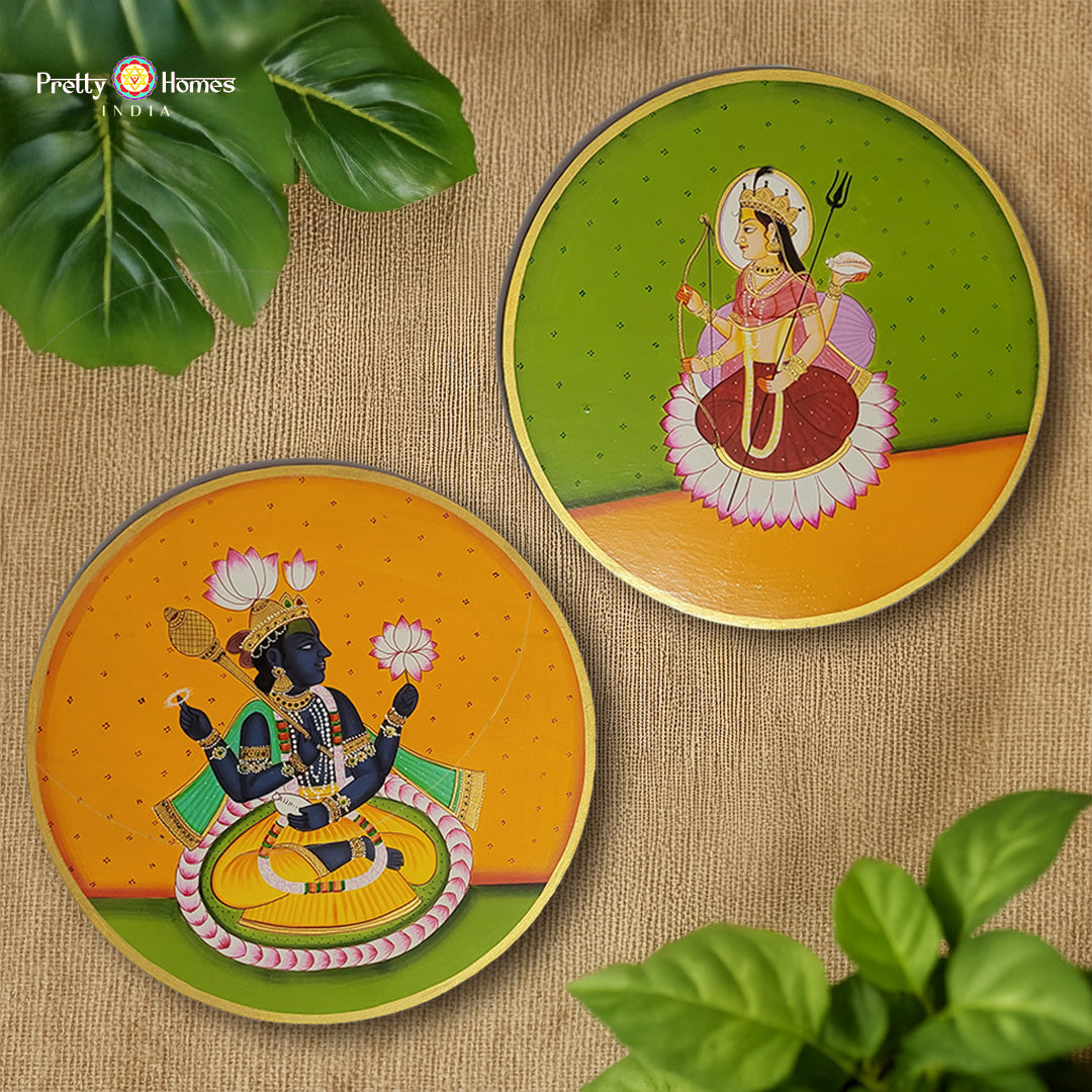 handpainted pichwai wall plate laxmi and vishnu on lotus