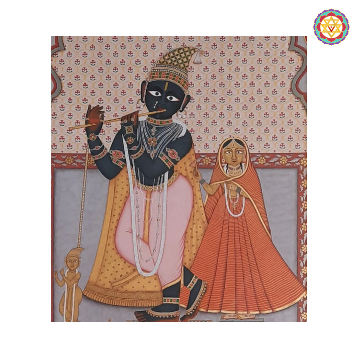 A beautifully hand-painted depiction of Radha and Lord Govind, celebrating divine love and spiritual harmony.