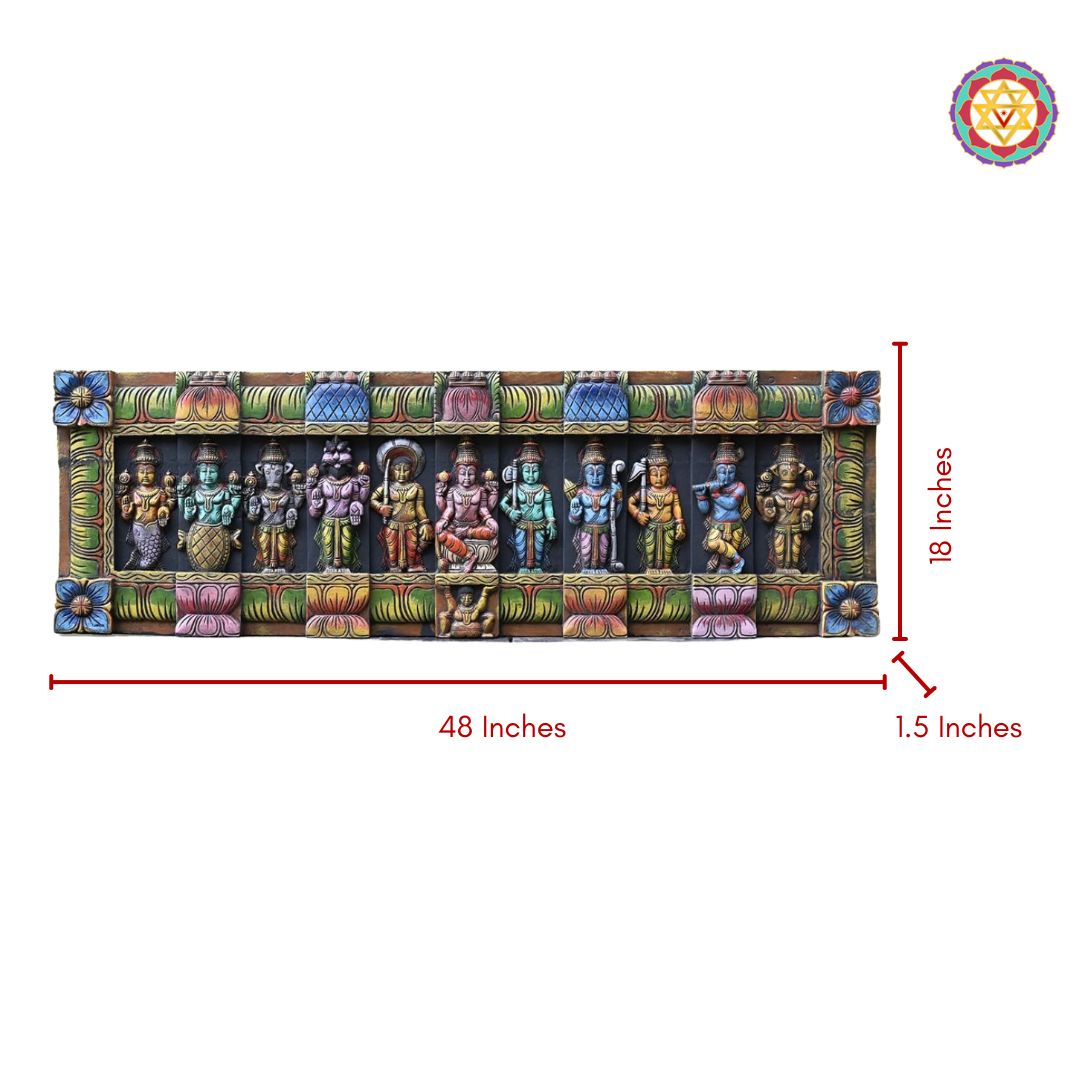 Wide wall view of Dashavatara wooden frame hanging above a bench