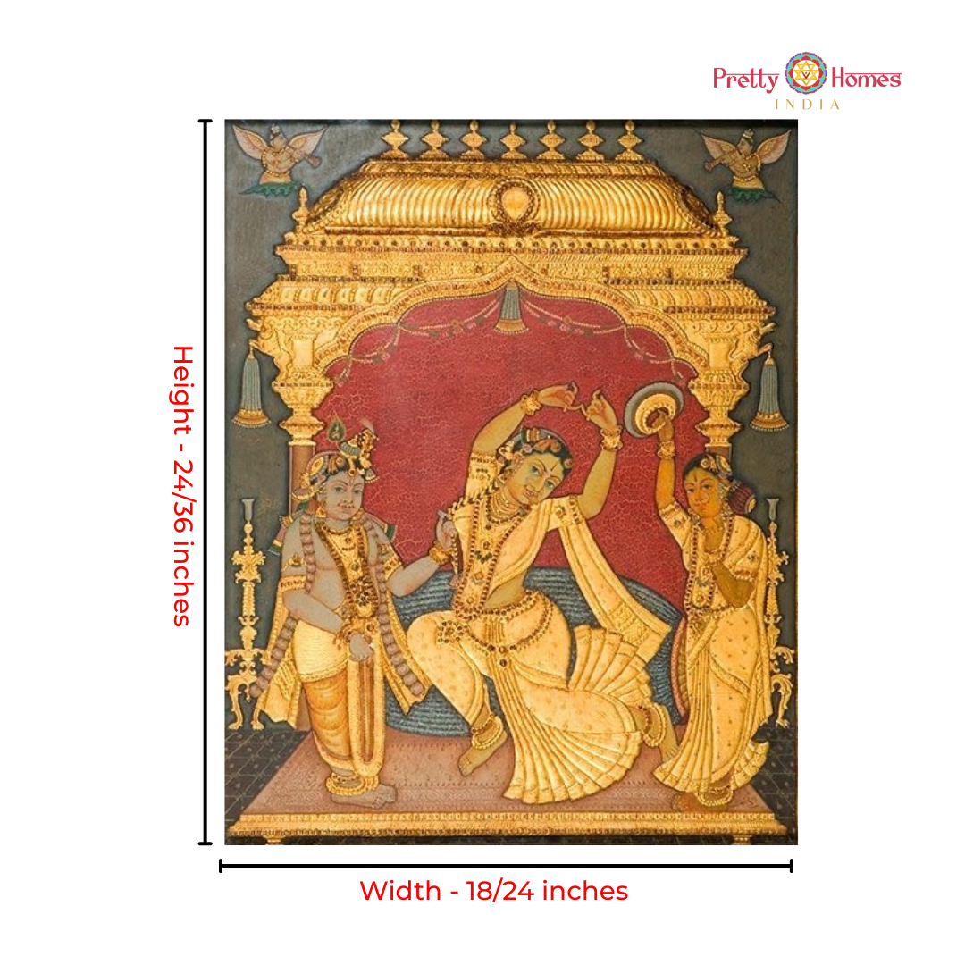 Vintage finish  Dancing Radha with Krishna & Gopikas Tanjore in Real Gold