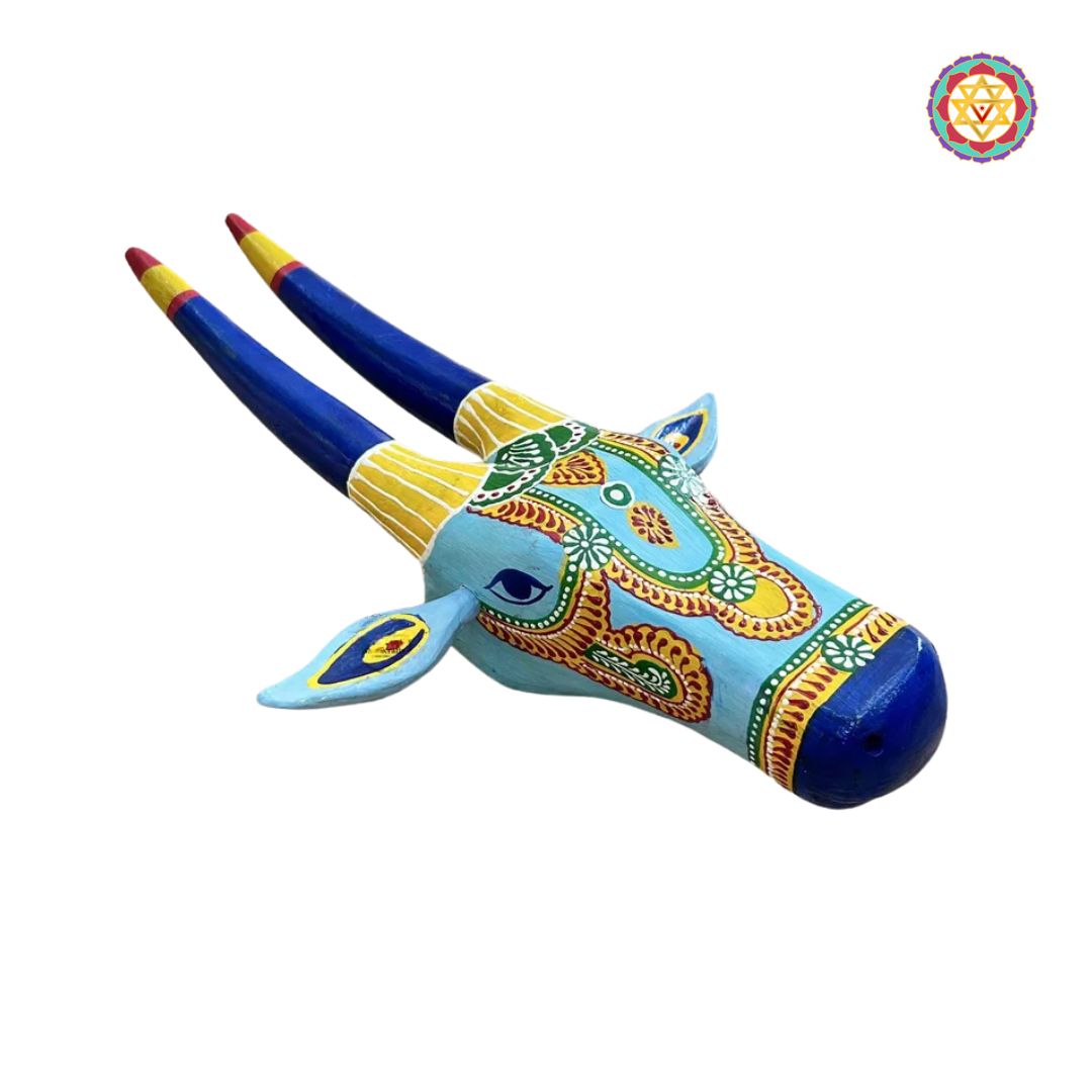 wood carved, hand painted decorative wall mountable cow heads /nandi head Blue and yellow