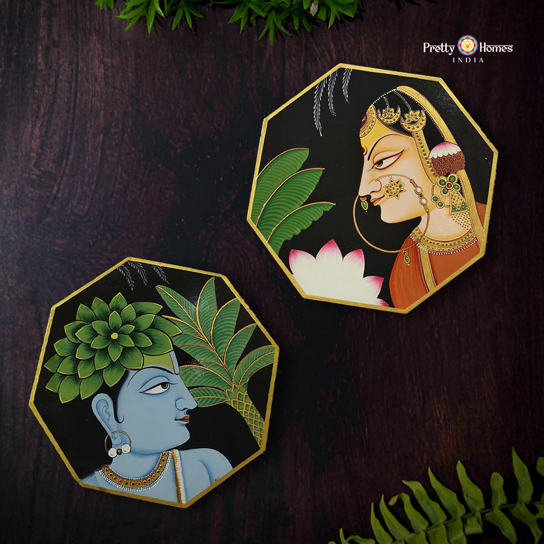Krishna and Radha hexagonal pichwai wall plate set handpainted artwork