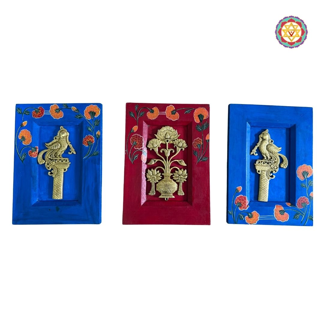 set of 3 brass annapakshis vase handpainted artistic wall decor styled room shot showing vases as artistic wall accents