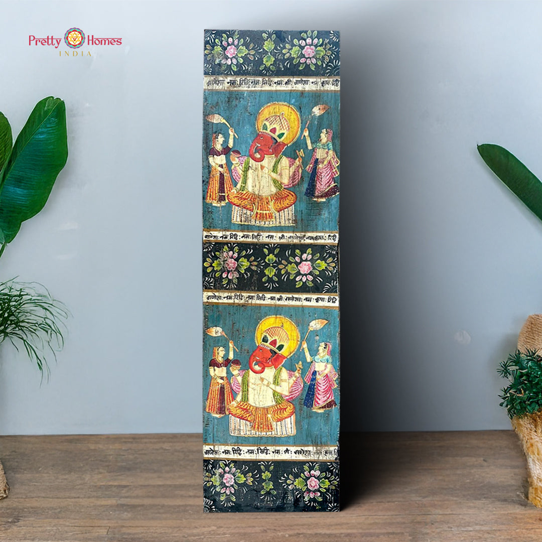 Blue Ganesha - Vintage Handpainted Wood Panel for Heritage-Inspired Interiors