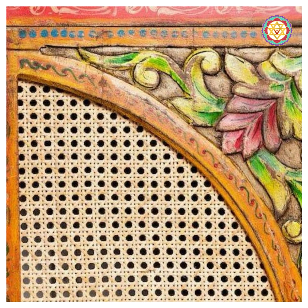 Hand-painted Wooden Sideboard/cabinet with Rattan work.