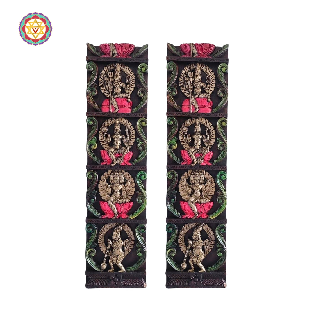 handcrafted wooden wall panel pair featuring lotus and leaf patterns