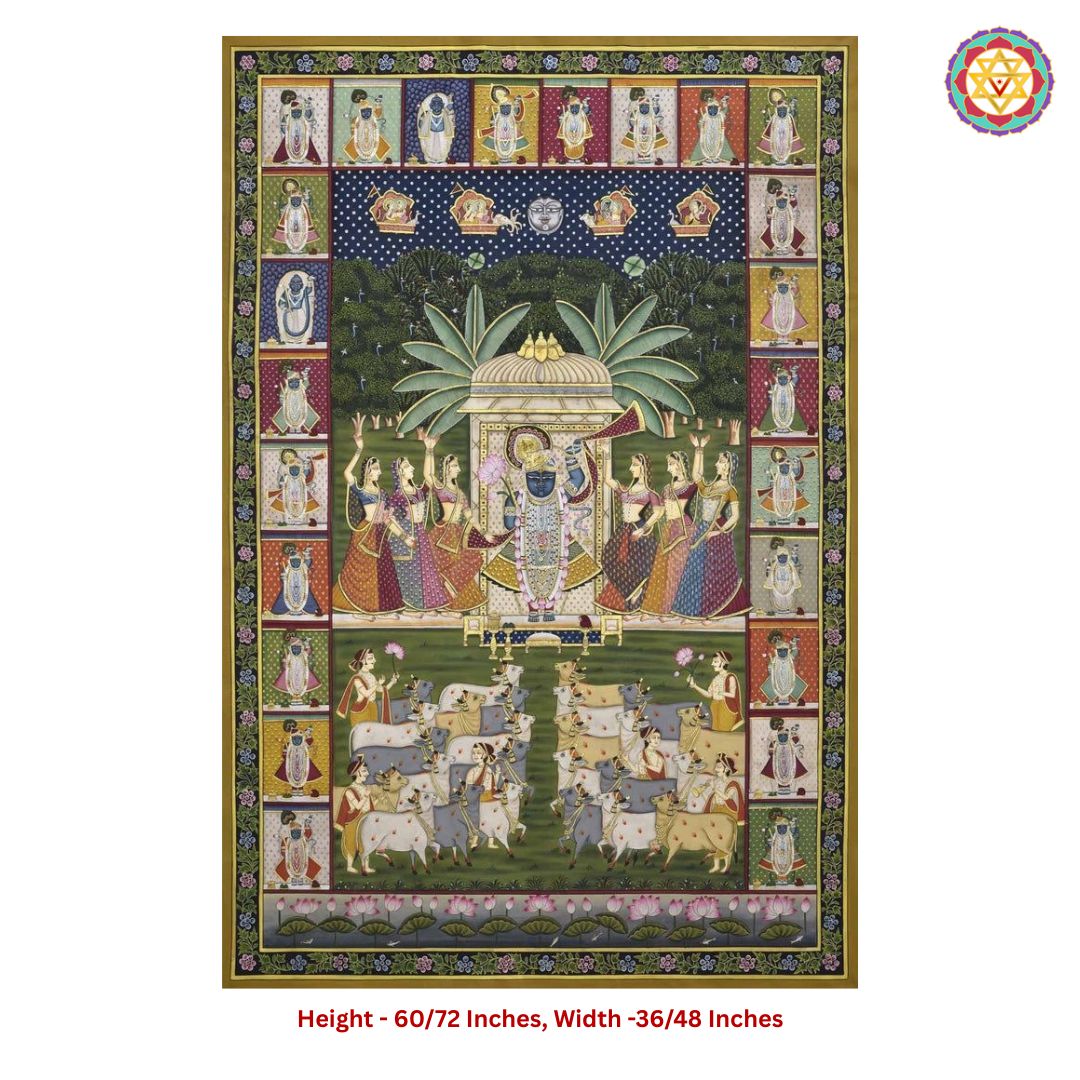 large traditional handpainted pichwai sharad scene with intricate border interior-styled display of the Sharad festival artwork