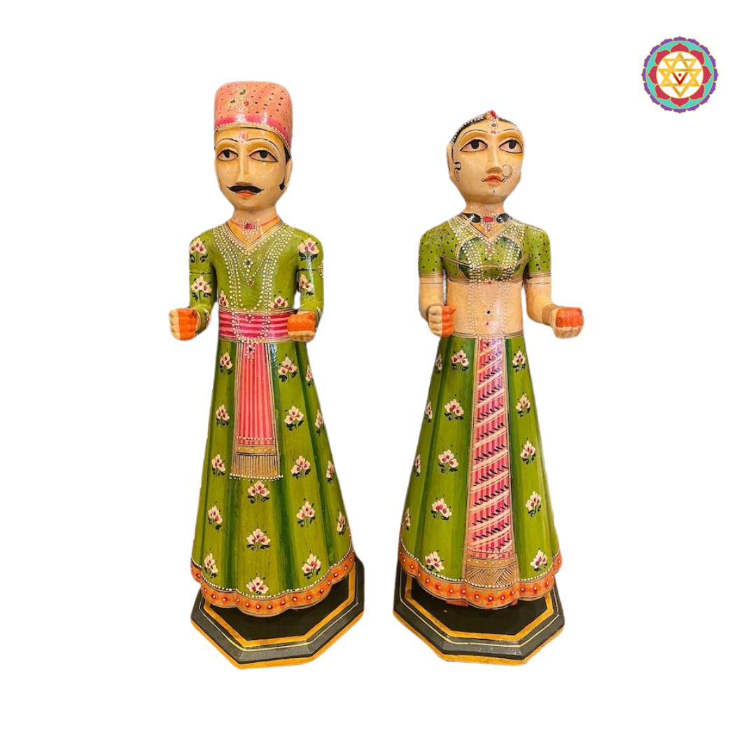 Pair Of wooden Painted Isar Gangaur dolls.Handpainted traditional style decorative dolls.