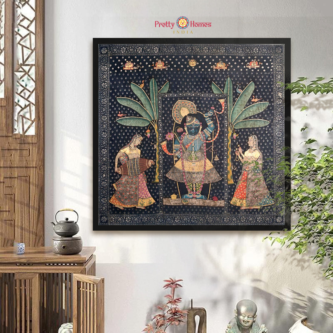 Vintage Shrinathji musical gopikas close-up highlighting gopika musicians and decorative border