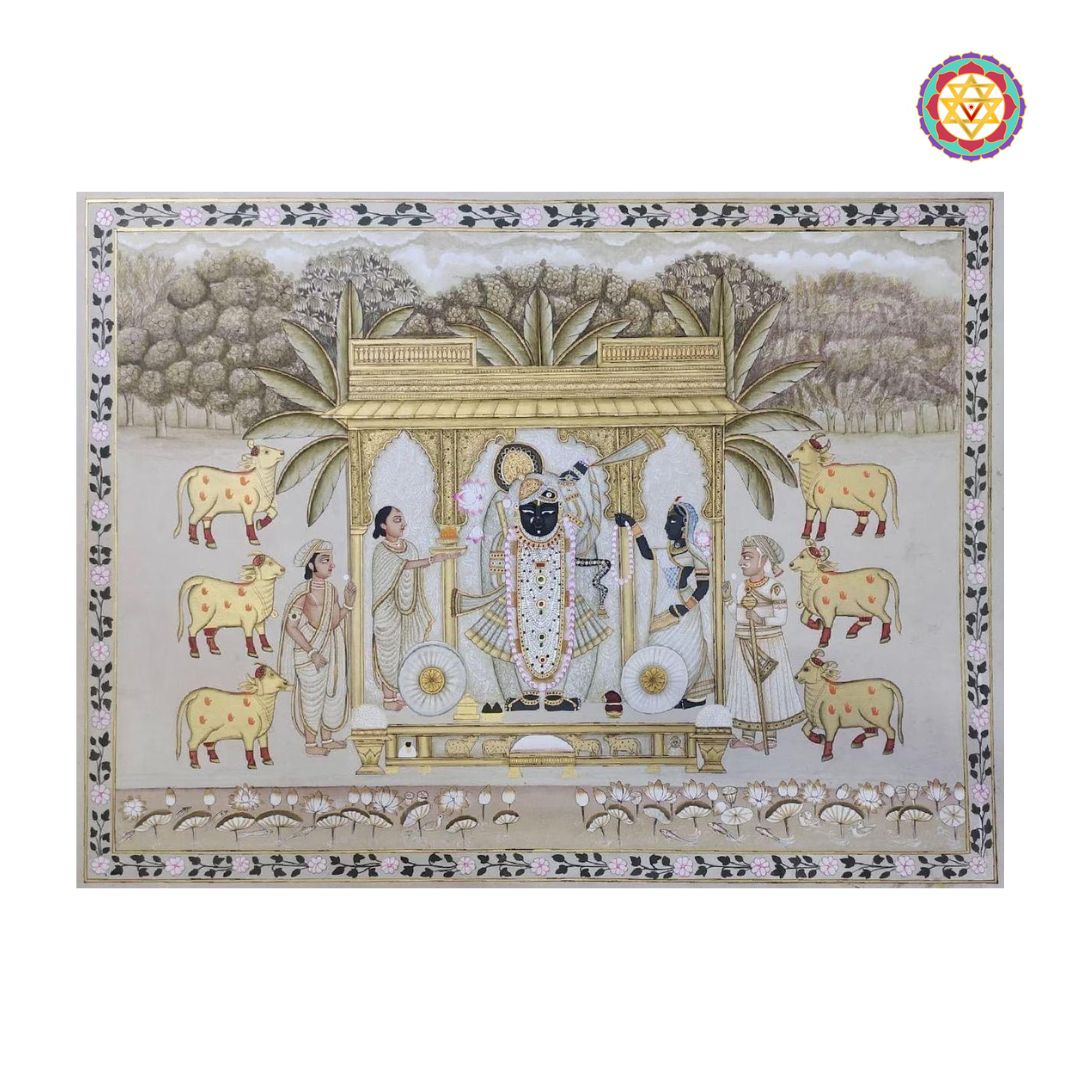 vintage-style hand-painted pichwai daan leela showing krishna offering gifts in a detailed traditional composition