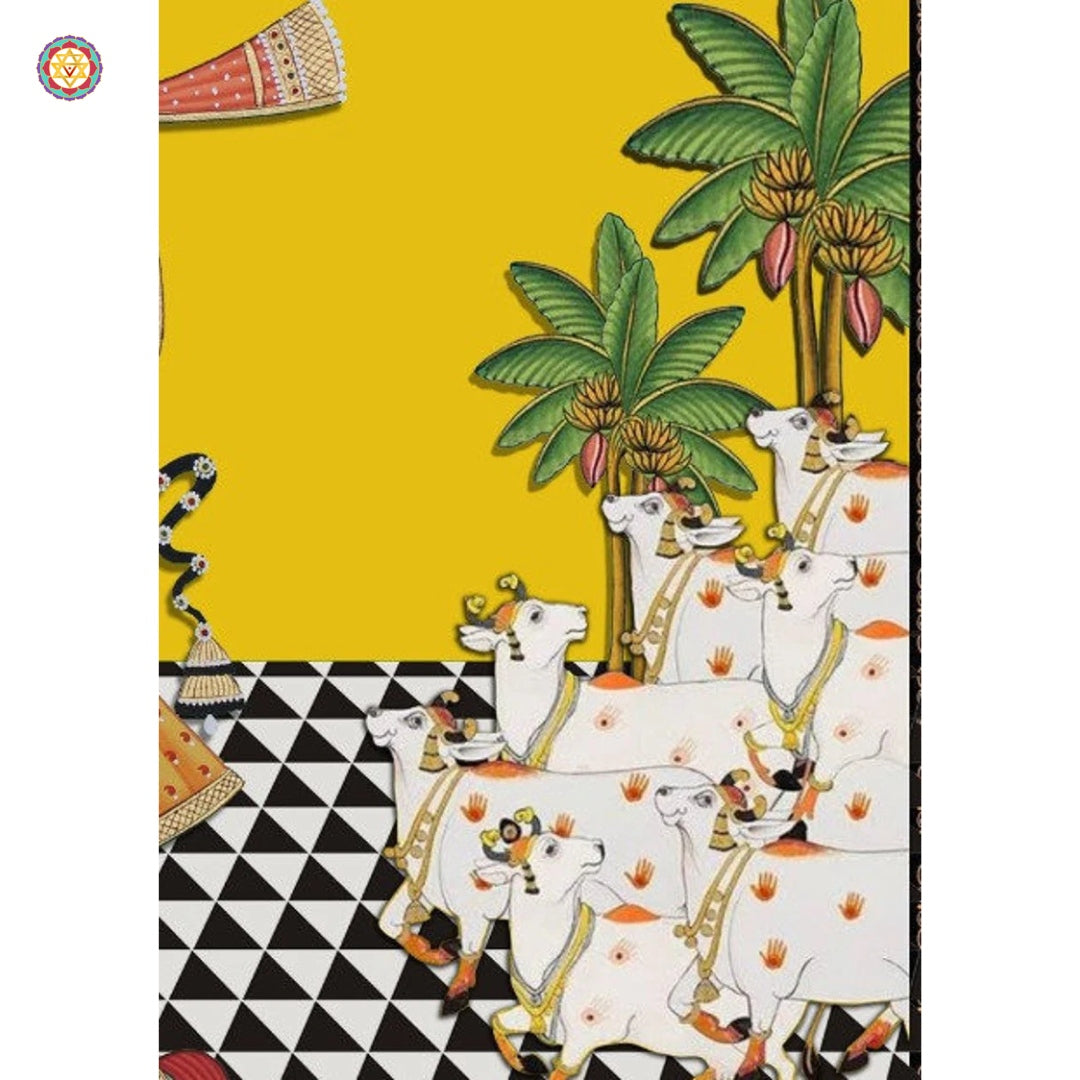 Front view of Shrinathji with cows Pichwai — artistic blend of tradition and modern design, crafted on cloth