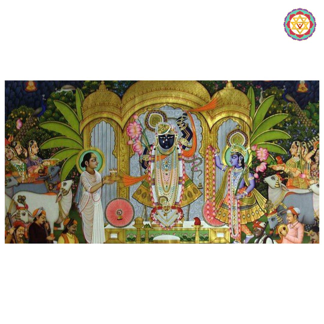 Close view of Shrinathji sandhya arti pichwai in traditional colours