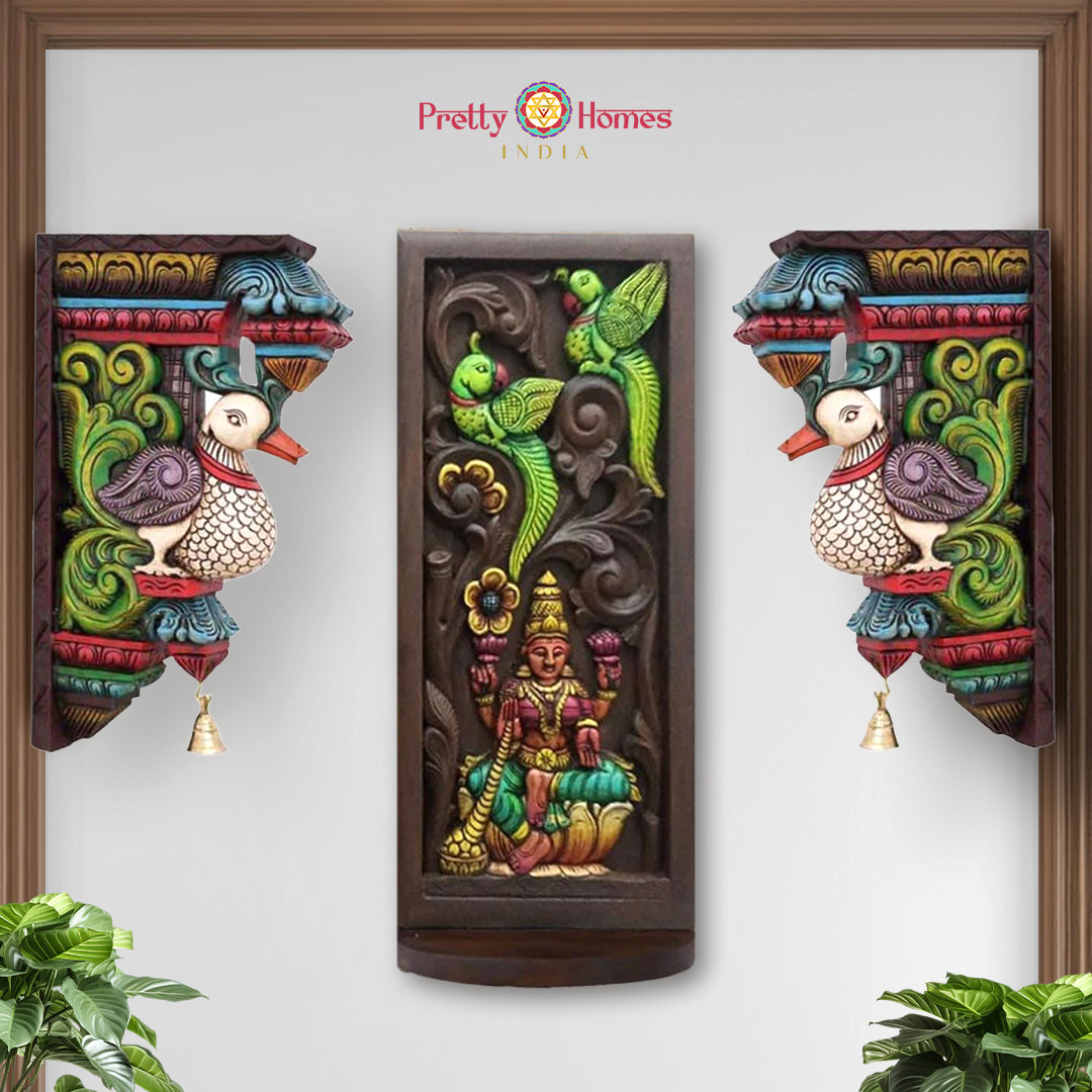 Wood carved Laxmi frame with multicolour annam/swan brackets