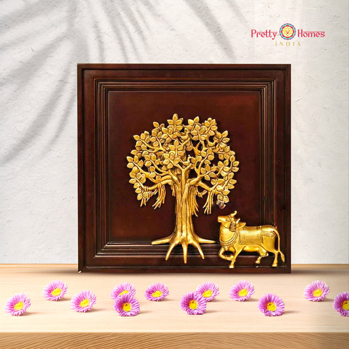 Brass Tree of Life with Cow Wall Hanging, Framed on wood.