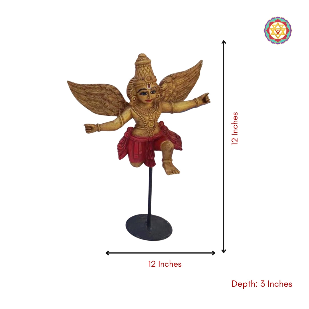 Detailed view of wooden Gandharva tabletop statue base and carving texture — handcrafted Indian angel figurine decor
