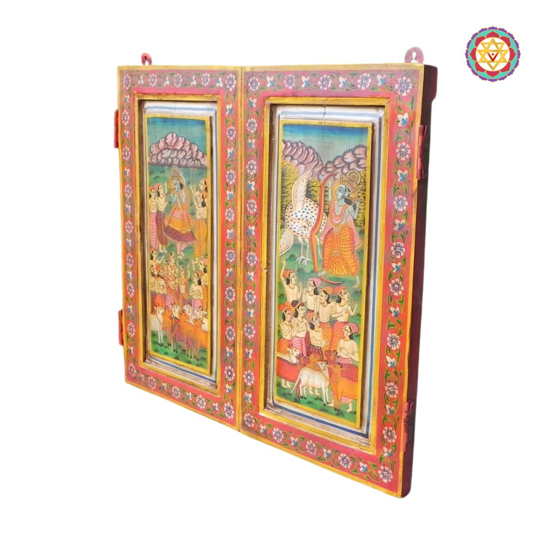 Pichwai window panel angled view showing tabletop display and carved details
