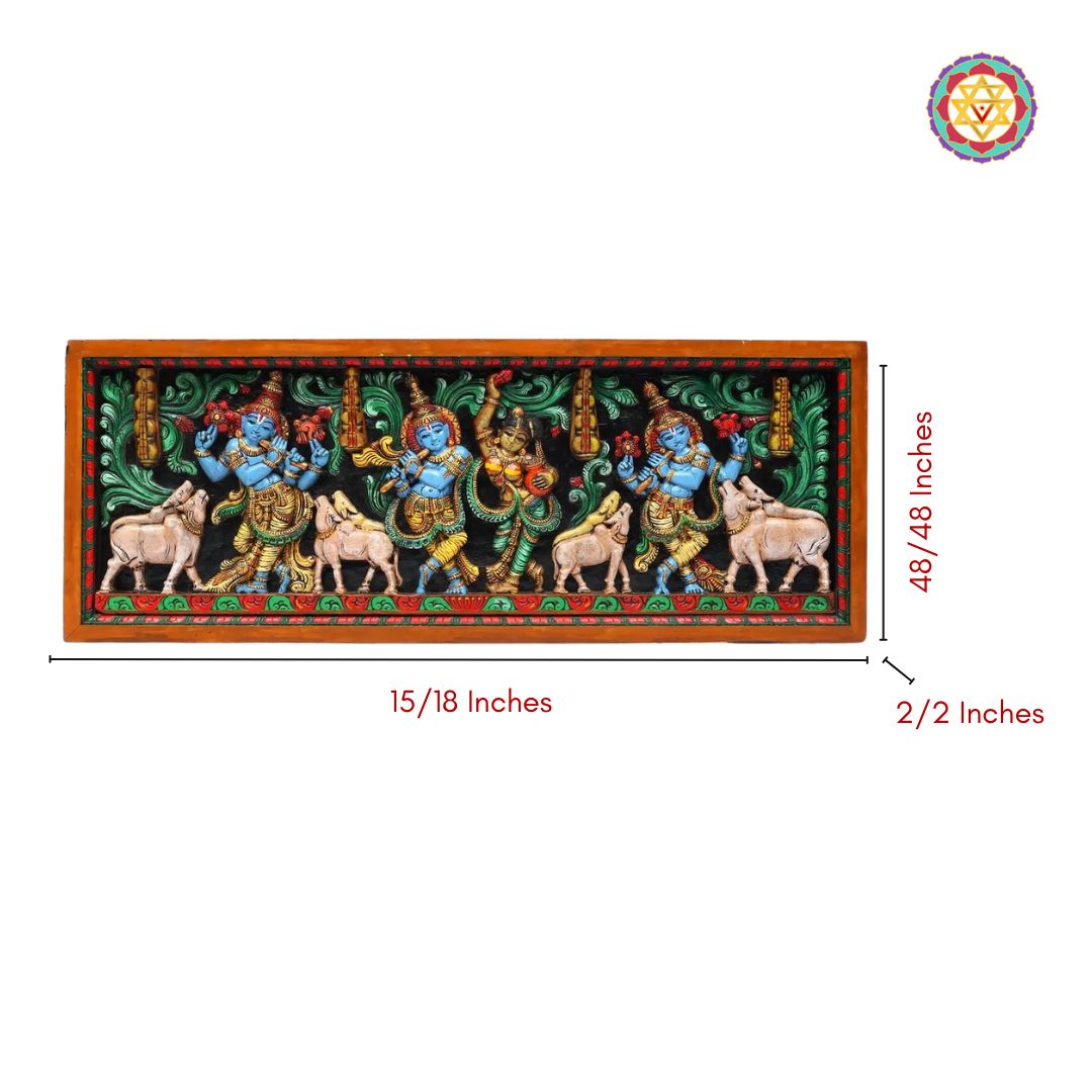 Decorative wall art with figures and measurements on a white background - Measurement image of Radha Krishna horizontal wooden panel