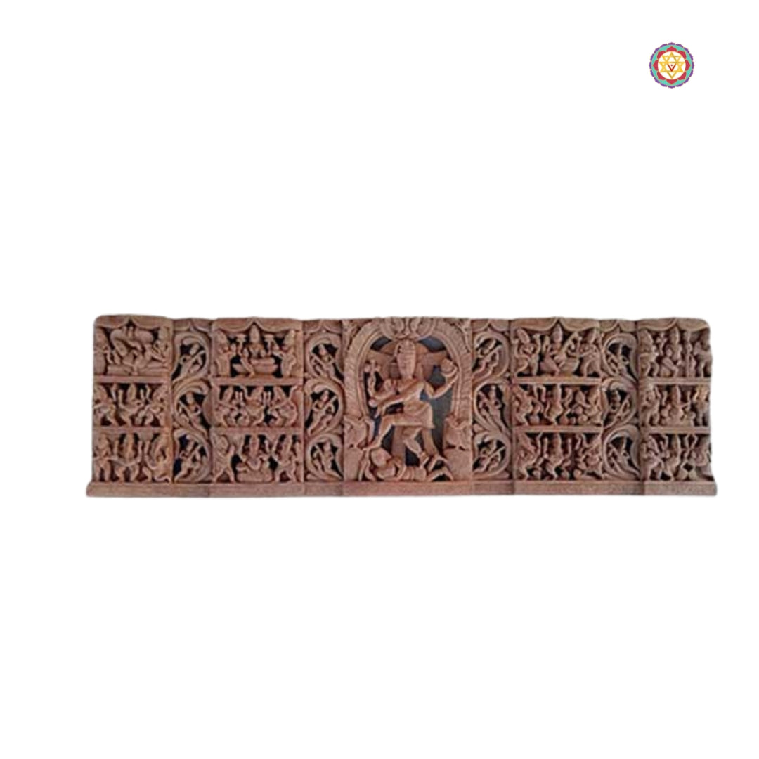 Detailed wooden panel showing Lord Shiva with other gods – handcrafted Indian wall decor panel.