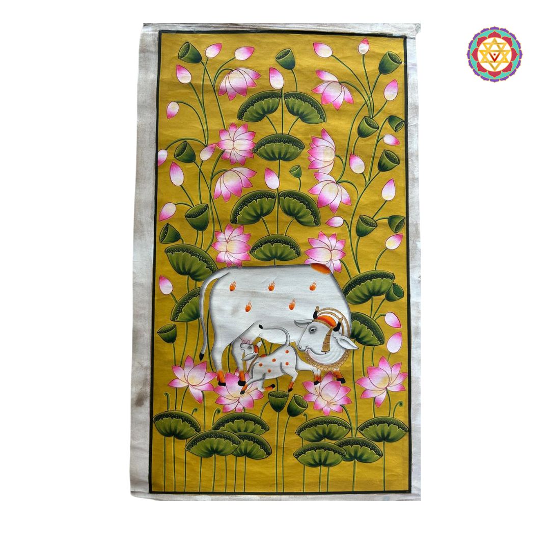 hand-painted pichwai cow and calf in mustard kamal talai style, detailed devotional artwork symbolizing nurturing and grace